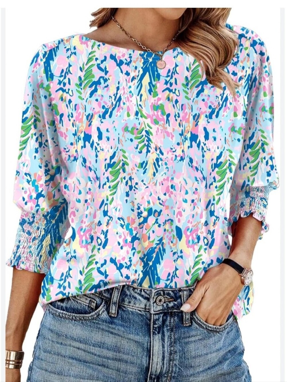 NWT IECCP Blouse Womens Henley 3/4 Sleeve Floral Tunic Stretch Top Pastel Sz S